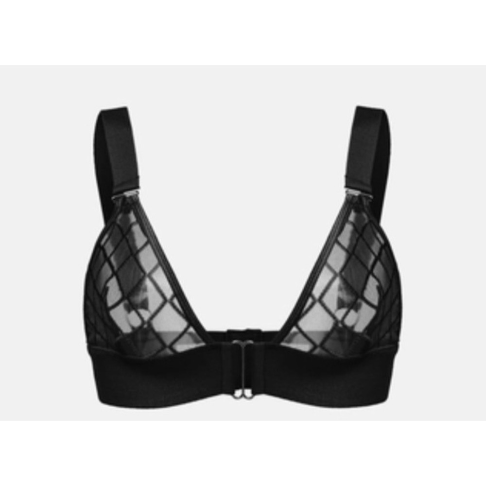 SHEIN Black Sheer Mesh Geometric Grid Front Clasp Bralette Large si2203226866761